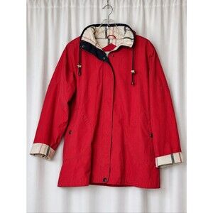 1 Madison Red Raincoat Hidden Hood Plaid Trim Storm Placket Preppy Heritage Coat